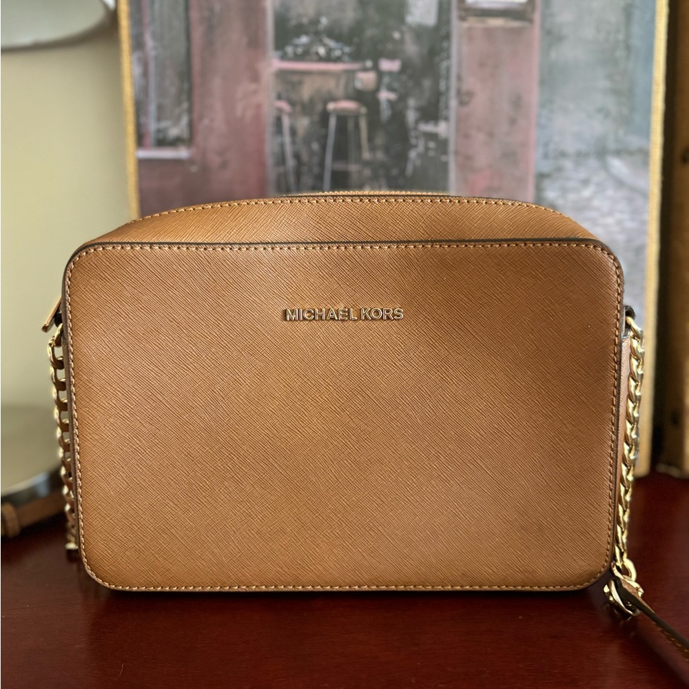 Michael Kors Tan Leather Crossbody with Gold Chain